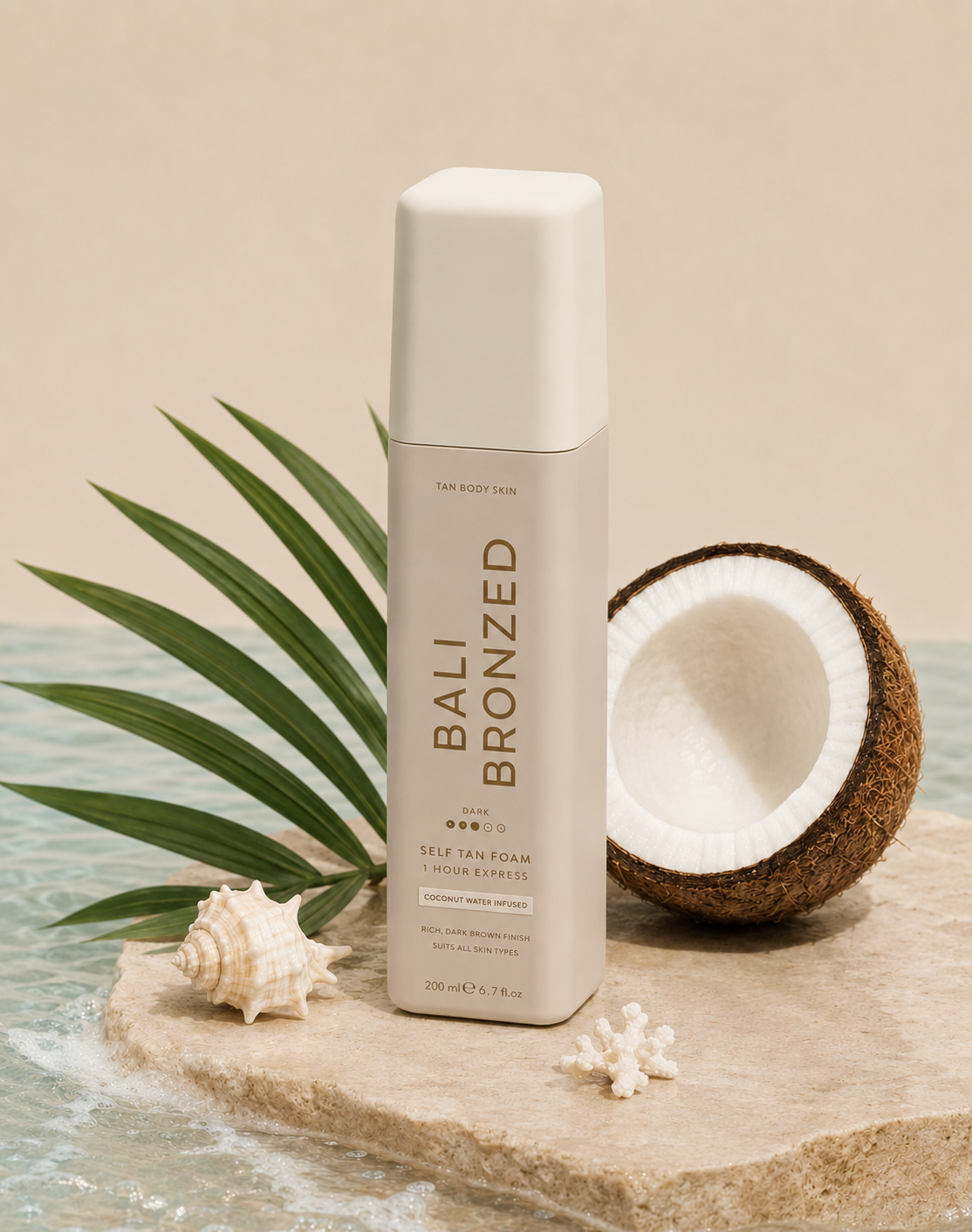 Bali Bronzed coconut water self tan foam bottle with coconut and tropical water
