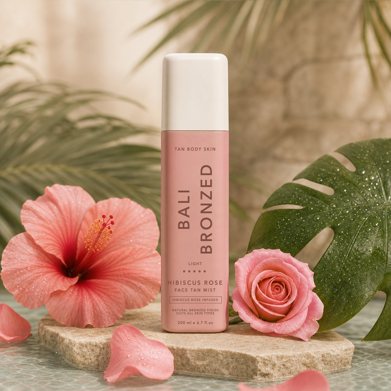 Hibiscus rose face tan mist bottle with hibiscus flowers and rose petals