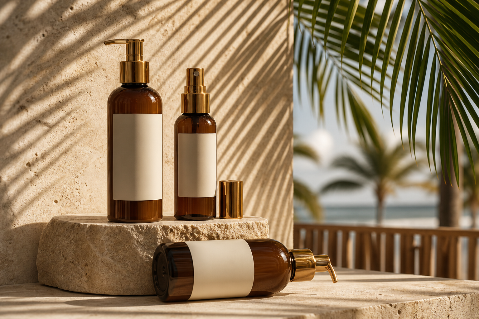 Bronze tanning products on stone with palm shadows